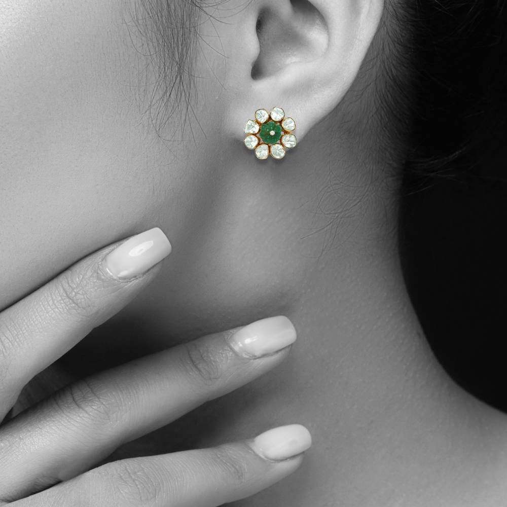 Polki Stud Earrings with Carved Emeralds
